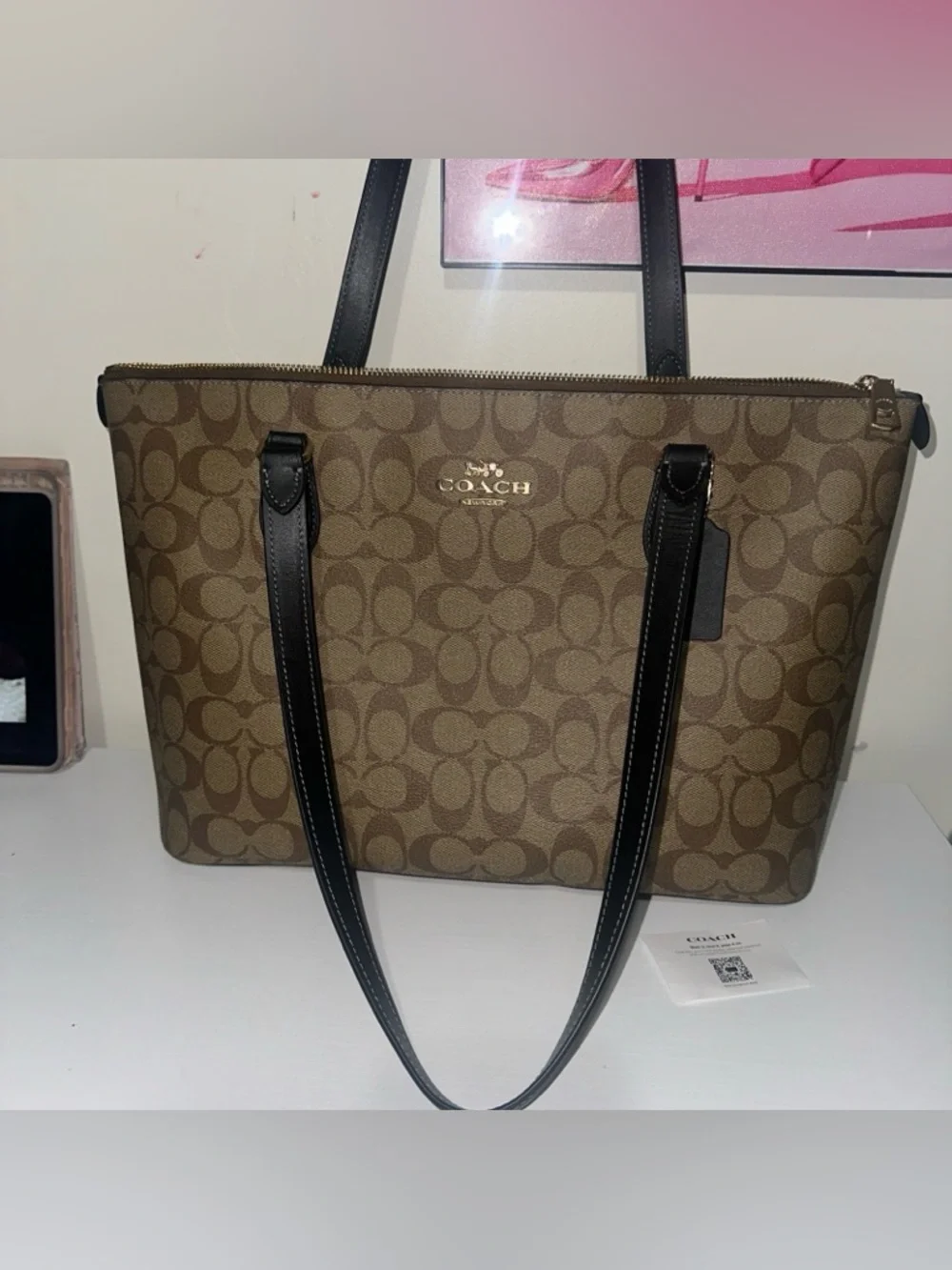 Coach Brown Signature Tote with Black Straps - Picture 2 of 5